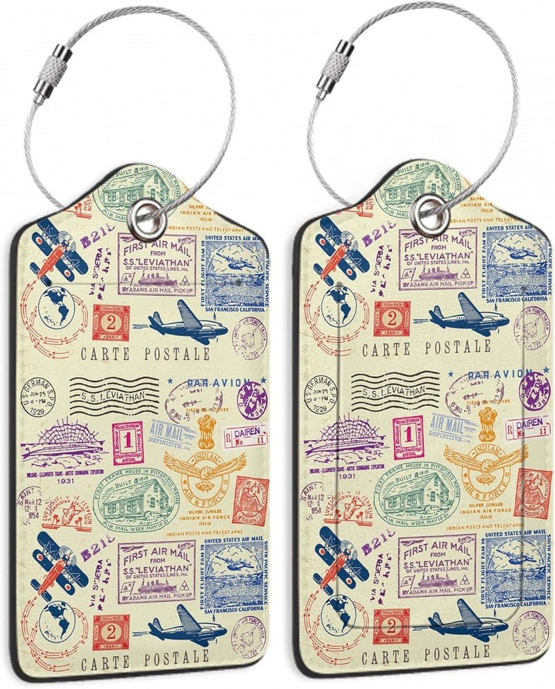 SKYDAWNY Travel Stamp Luggage Tags for Suitcase,2 Pack Retro Passport Carte Postale Luggage Tag Leather Privacy Cover ID Label with Stainless Steel Loop for Women Men Kids Girls - Image 1